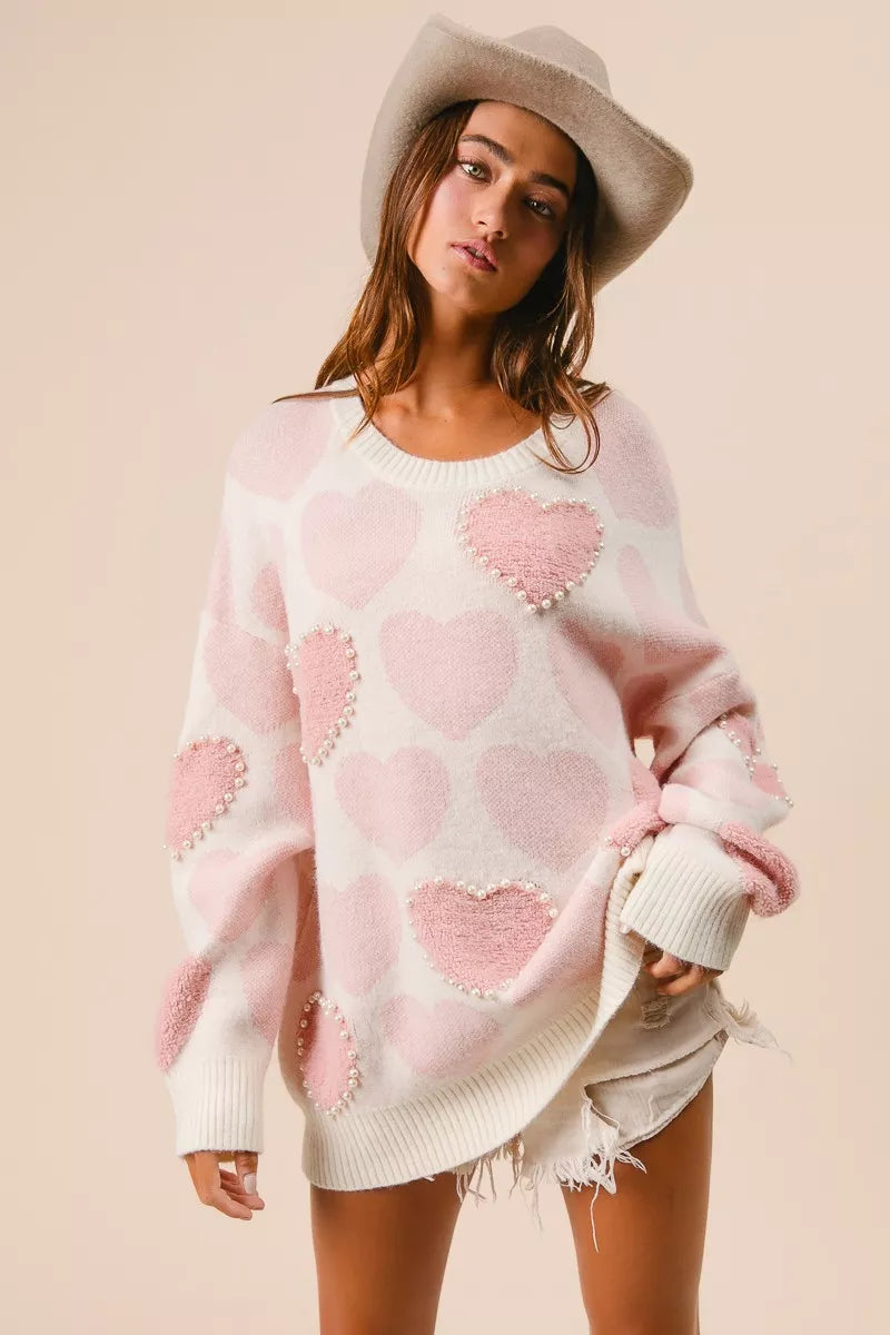 BiBi Womens Sweater Light Pink Heart Pattern with Pearl Detail 48d01d0c34e745e3b59185b3b12e65a5-Max-Origin Trendsi