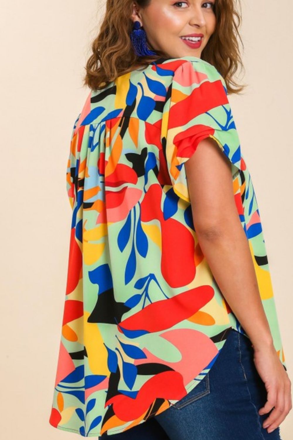 Umgee Top Colorful Abstract Print Short Sleeved Ruched Blouse 48d4a5e9-8343-4cb0-9668-70ff1924f808-Max Trendsi