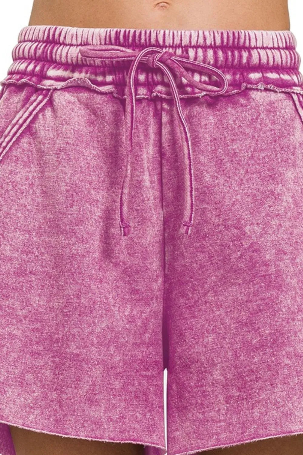 Zenana Fleece Shorts Plum Acid Wash Drawstring With Pockets Raw Hem 48e07562-bcbc-429e-9bd2-3be088186031-Max-Origin Trendsi