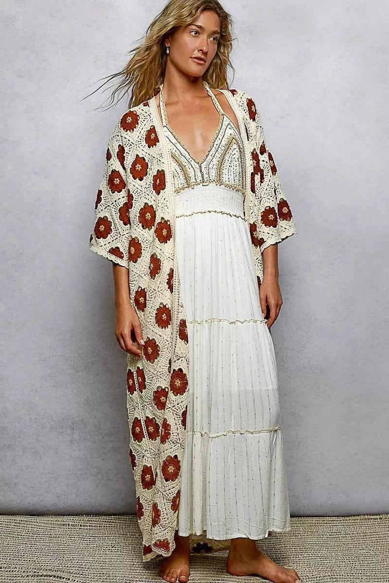 POL Crochet Longline Cardigan Floral Choco Multi Open Front Knit NATURAL CHOCO One Size 48ecfce8-7783-4813-8456-19e632dcea60-Max-Origin Trendsi