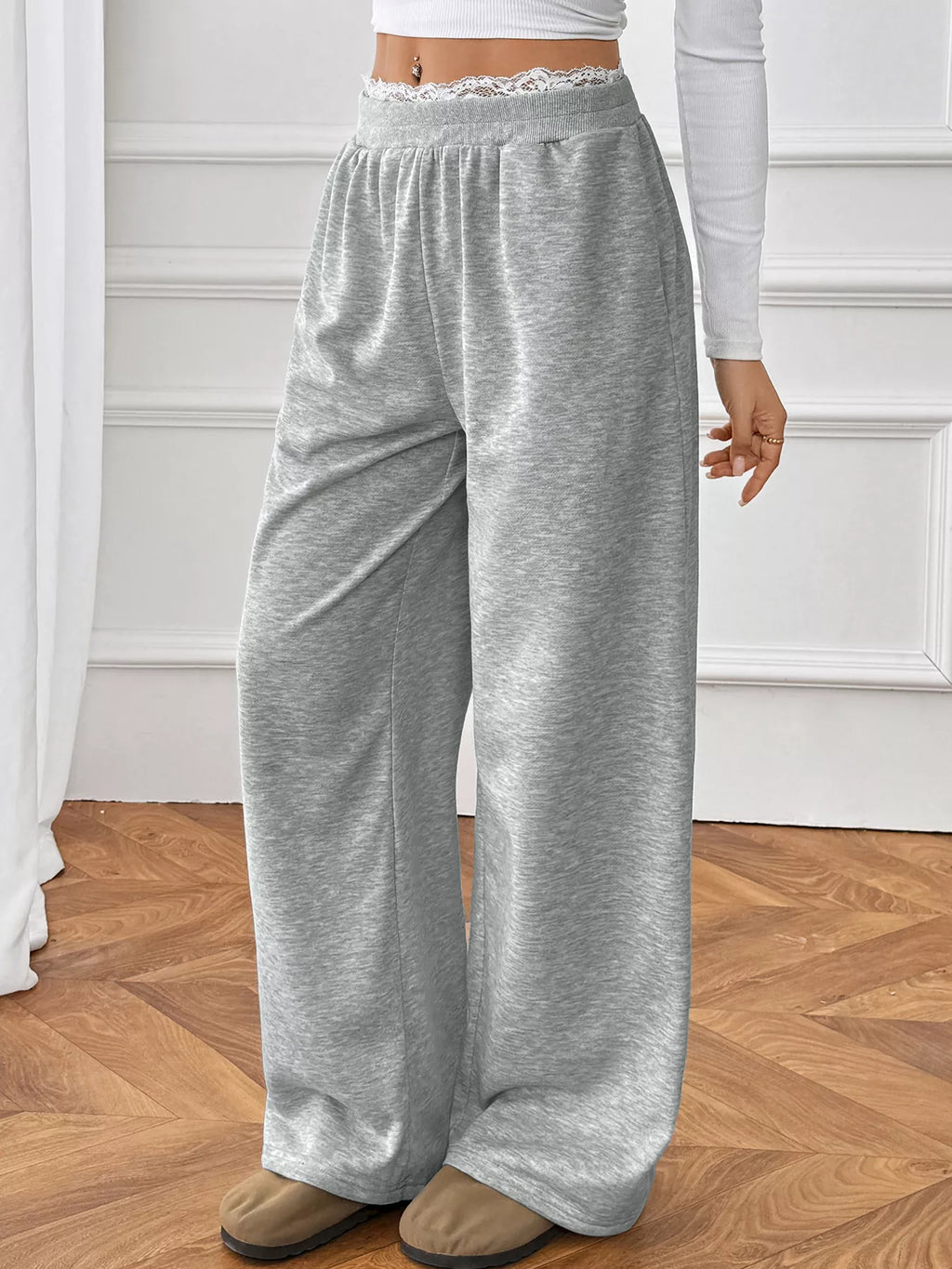 Women's Joggers Gray Wide Leg Lace Waistband Detail Casual Pants 48f37660bf6844f3ac7df5826367f273-Max-Origin Trendsi