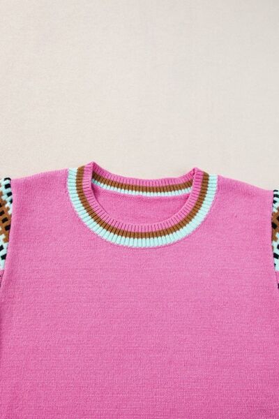 Women Knit Top Fuchsia Pink Contrast Check Short Sleeve Round Neck 48f3dac1-8a1a-4d98-961b-b367ce387376-Min Trendsi