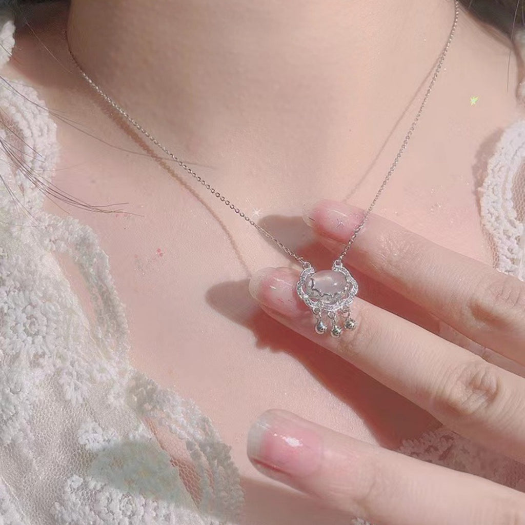 Auspicious Lock Pendant Necklace in 925 Sterling Silver with Zircon and Chalcedony