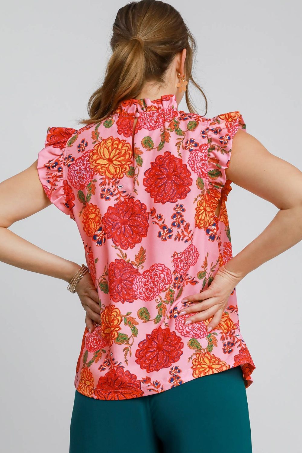 Umgee Blouse Floral Pink Mix Print Ruffled Cap Short Sleeve Top 48fa6f88-236c-4218-881b-41d19515b621-Max Trendsi