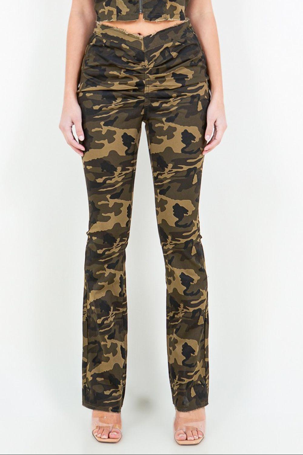 Camouflage American Bazi V-Cut Ruched Camo Flare Pants 491673c1-6263-4611-827c-51d597c37825-Max Trendsi