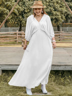 Plus Size Swiss Dot V-Neck Dress with Three-Quarter Sleeves