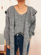 Women's Sweater with Shawl Knit Ribbed Ribbed Hem V-Neck Long Sleeve 492a20f6882d4d80b52502baae34ff65-Max-Origin Trendsi