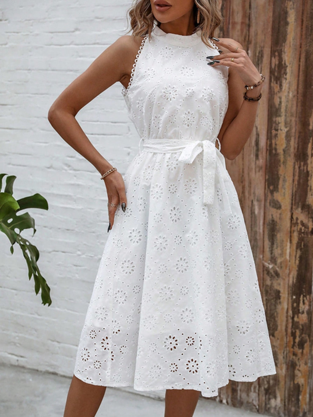 Midi Dress White Chrochet Lace Eyelet Grecian Neck Belted Tie Waist White 492d3385-9bde-4015-9299-591c1f0bd655-Max Trendsi