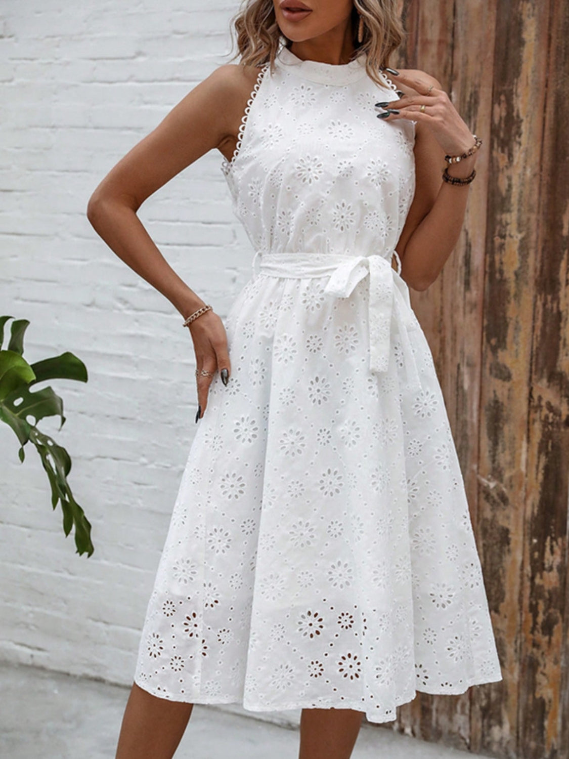 Midi Dress White Chrochet Lace Eyelet Grecian Neck Belted Tie Waist White 492d3385-9bde-4015-9299-591c1f0bd655-Max Trendsi