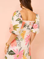 Maxi Dress Floral Square Neck Puff Short Sleeve with Ruffle Hem 492f2af0b4ba44dd8da771ae29366b00-Max-Origin Trendsi