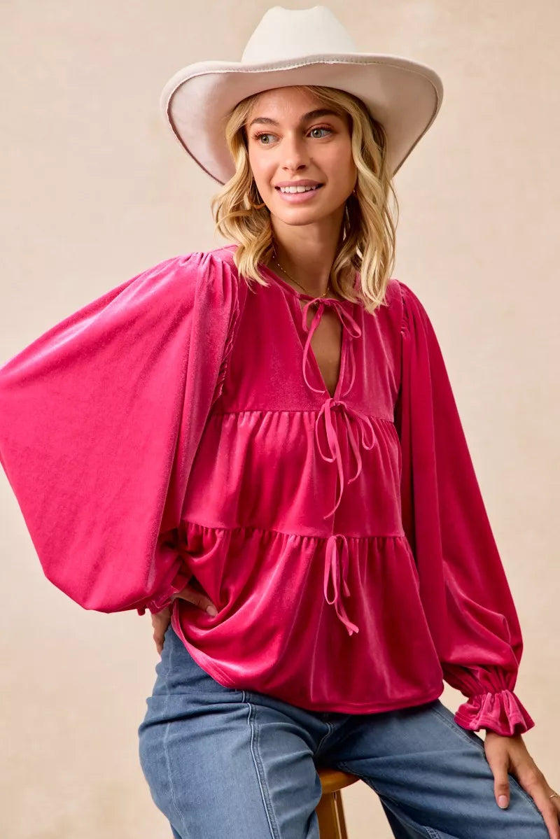 BiBi Womens Blouse Christmas Theme Velvet Bow Tied Ruffled Top 4934c4fbb2b84b48a30b7e1bc7517e2d-Max-Origin Trendsi