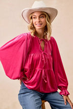 BiBi Womens Blouse Christmas Theme Velvet Bow Tied Ruffled Top 4934c4fbb2b84b48a30b7e1bc7517e2d-Max-Origin Trendsi