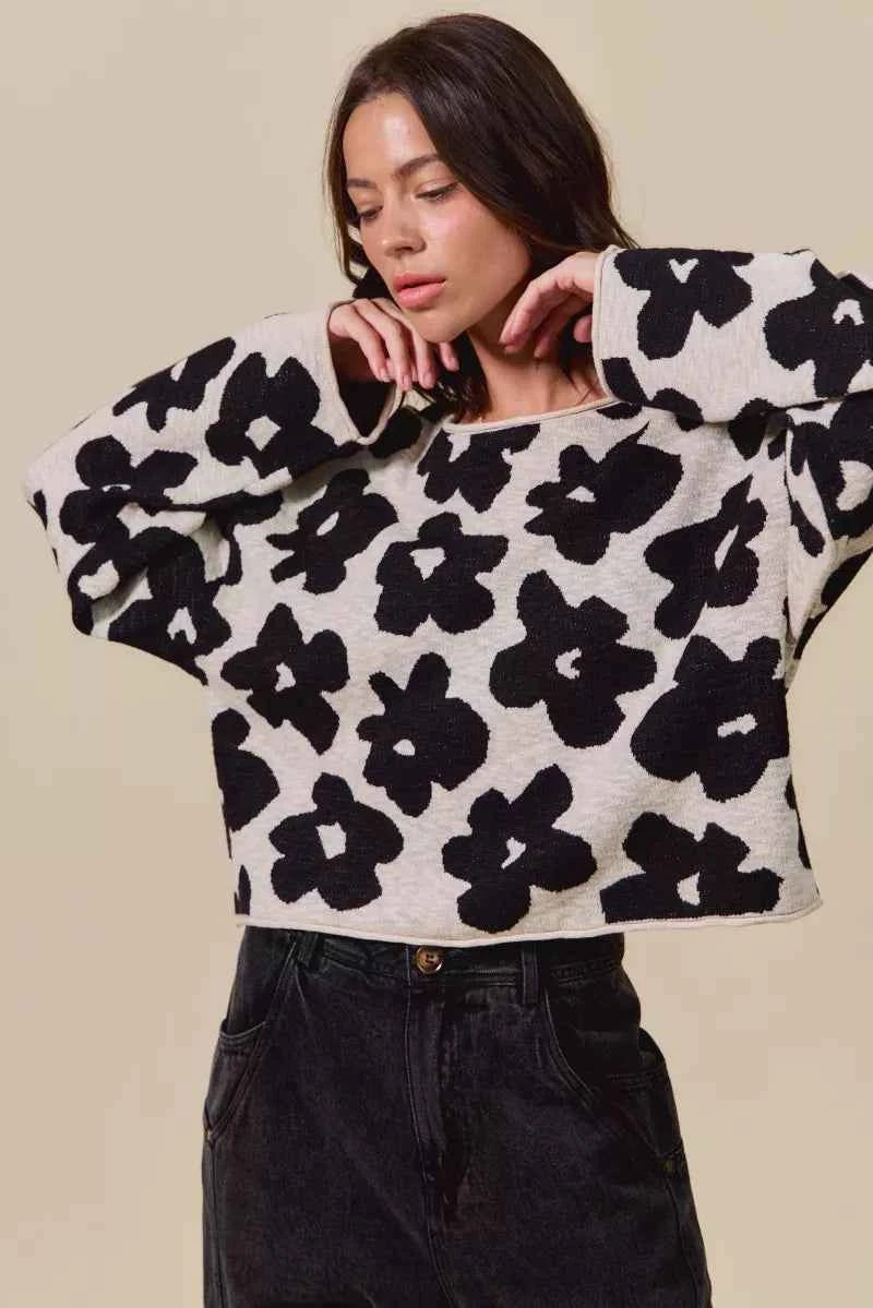 SO ME Women Sweater Floral Black Loose Fit Flower Lightweight Knit Top 49382f9883154850b8002b270daed4ce-Max-Origin Trendsi