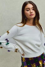 SO ME Sweater Knit Top Mardi Gras Glitter Bow Ribbon Ivory 493bac637f2141678d390e60dfd9a6b4-Max-Origin Trendsi