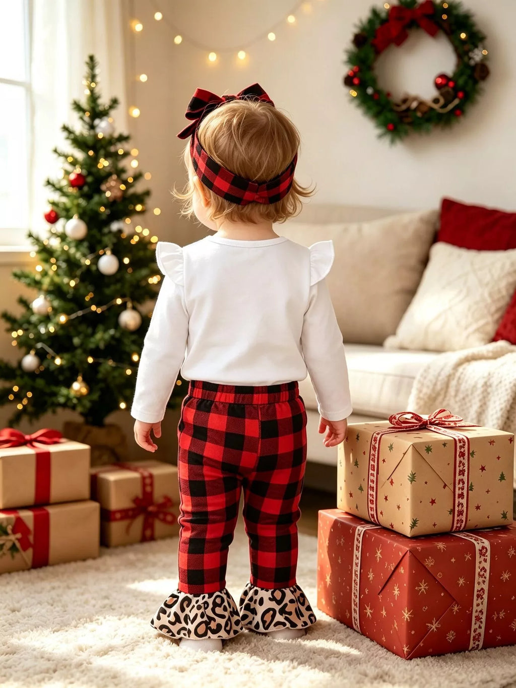 Vista trasera de niña con pantalones a cuadros rojo negro mostrando volantes leopardo en tobillo y parte trasera blanca sencilla