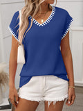 Women's Pullover Short Cap Sleeve Knit Top Contrast Stitch Trim V-Neck Royal Blue 4943ab4d-768f-4025-855f-701b37c38a9d-Max Trendsi