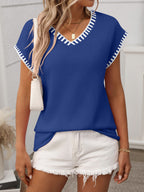 Women's Pullover Short Cap Sleeve Knit Top Contrast Stitch Trim V-Neck Royal Blue 4943ab4d-768f-4025-855f-701b37c38a9d-Max Trendsi