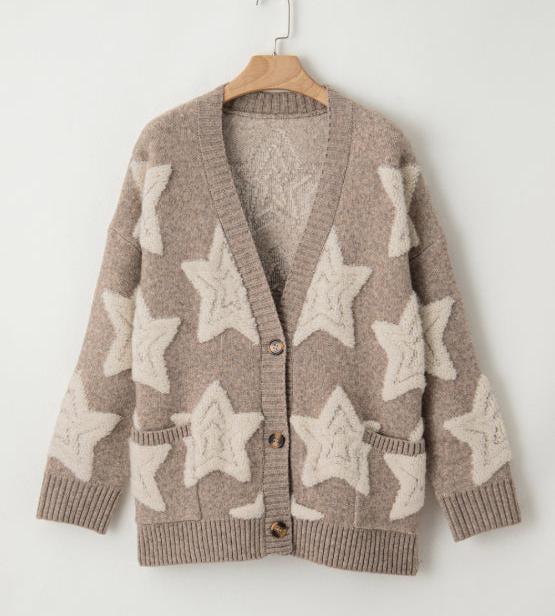 Women Cardigan Sherpa Fur Star V-Neck Single Breasted with Pockets Knitwear