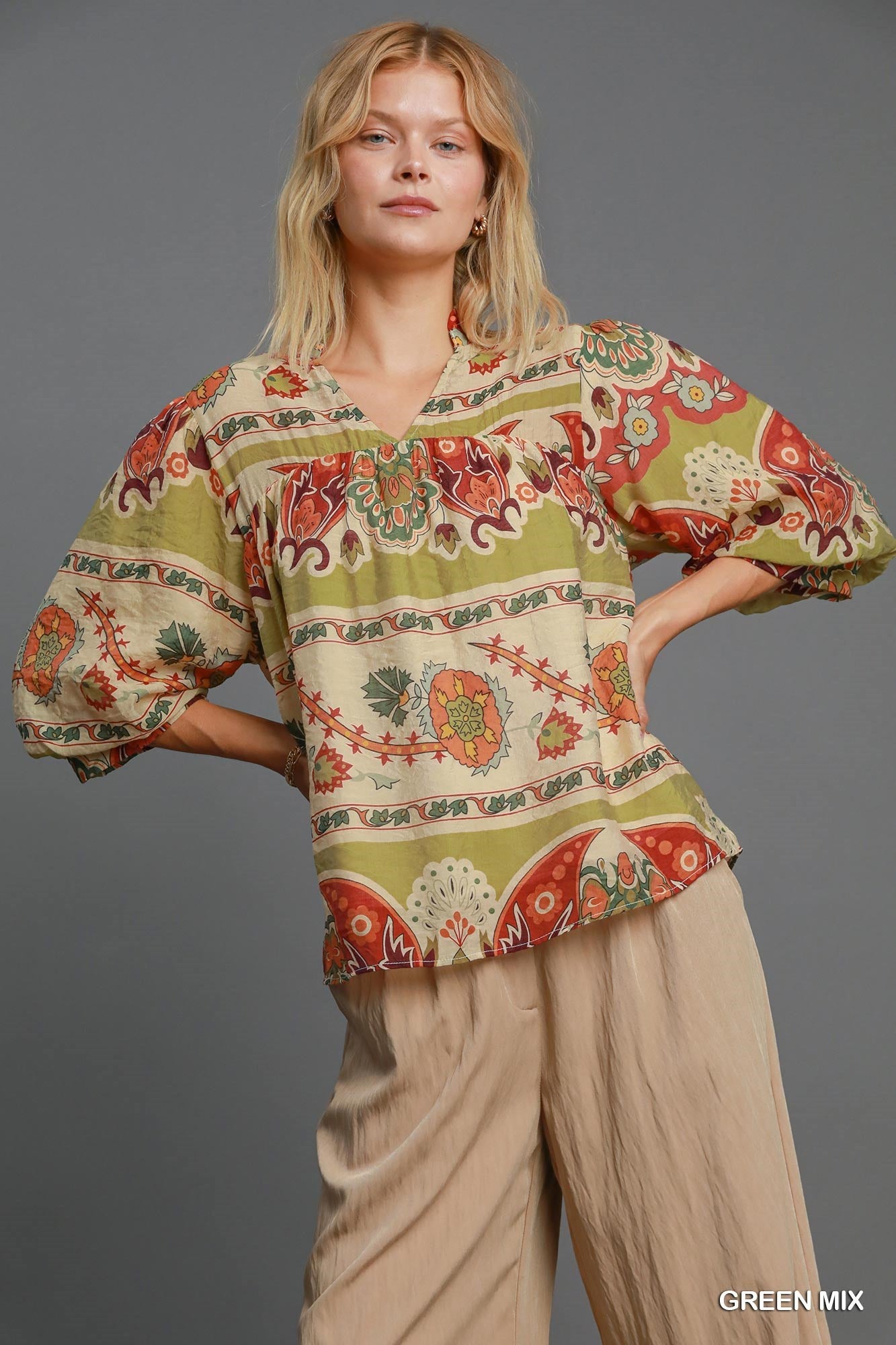 Umgee Blouse Yellow-Green Floral Border Print Notched 3/4 Puff Sleeve 494b84e9-36a1-4f3f-83b0-31225ca687b5-Max Trendsi