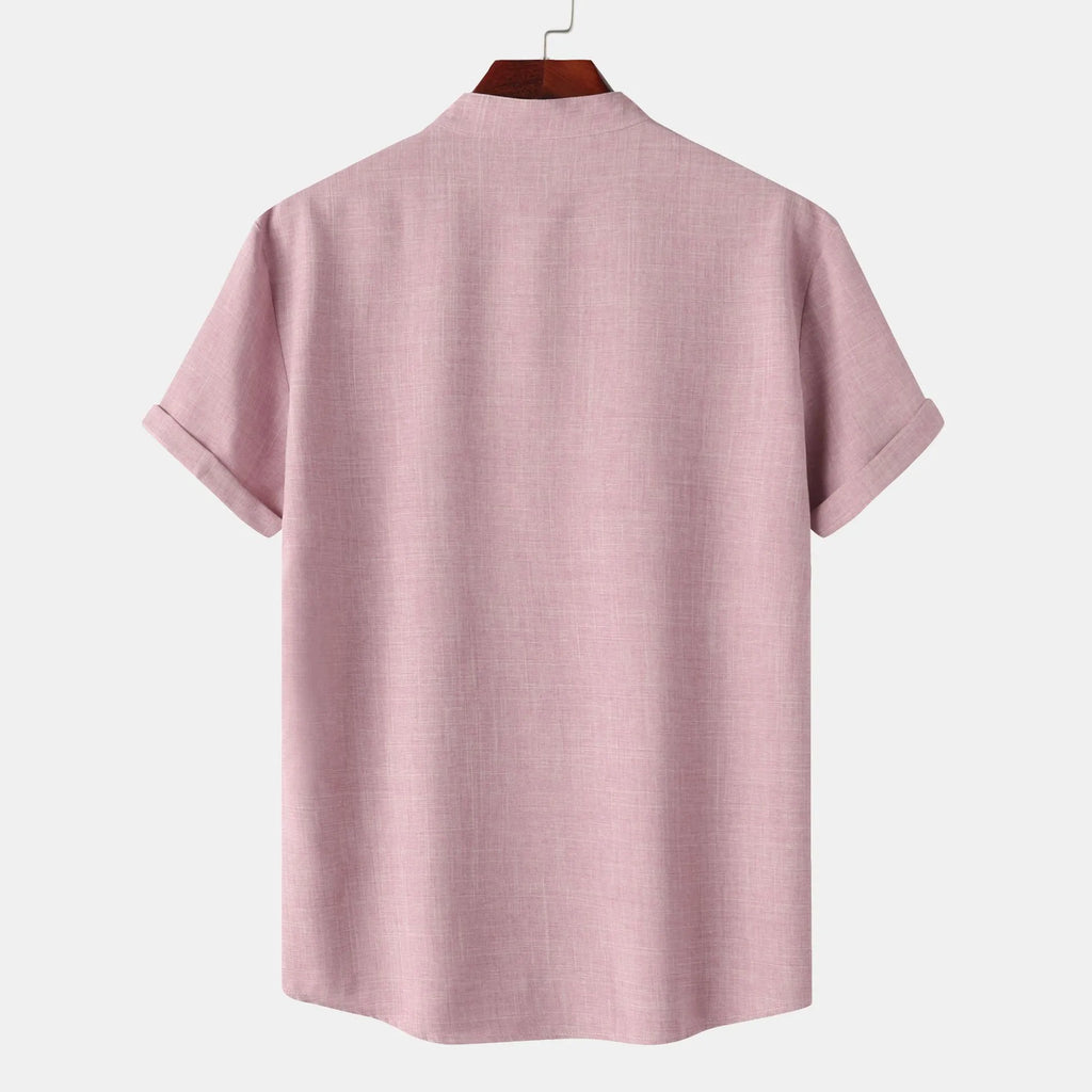 Men's Cotton Shirt Pink Button Detail Short Sleeve Blouse Top 494f618539b94be0b479abd5a9169ab3-Max-Origin Trendsi