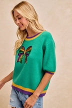 BiBi Sweater Green Mardi Gras Sequin Ribbon Patched Short Sleeve 495169d29c234db792ac78194c0ccac9-Max-Origin Trendsi