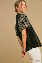 Umgee Blouse Black Velvet Embroidered Short Puff Sleeve Top 495284b0-8f27-48d0-be47-bb871e4d4334-Max-Origin Trendsi