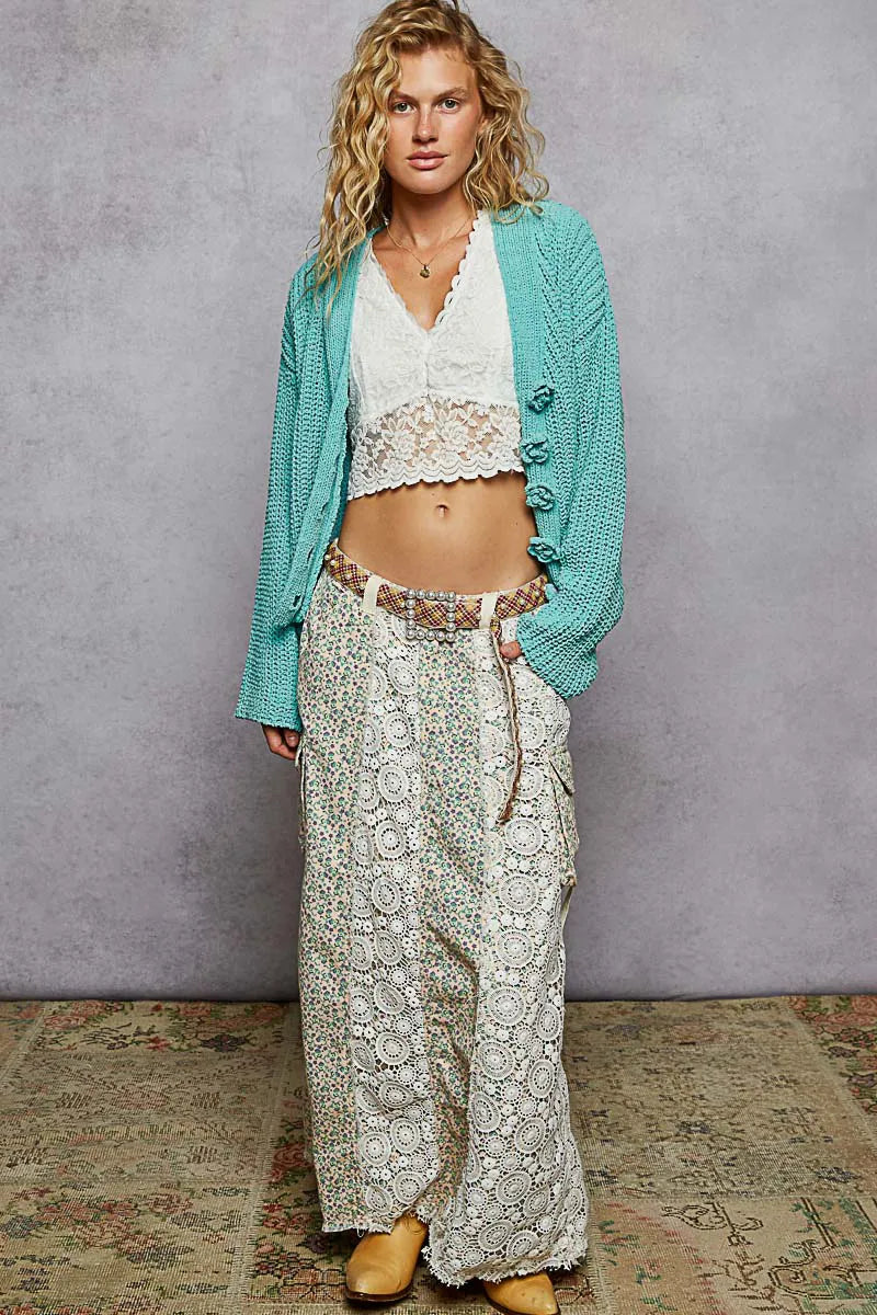 POL Cardigan Knit Aqua V-Neck Long Sleeve with Exaggerated Flower Buttons 495371a1-31d8-446f-bf3e-5f19ea279c65-Max-Origin Trendsi