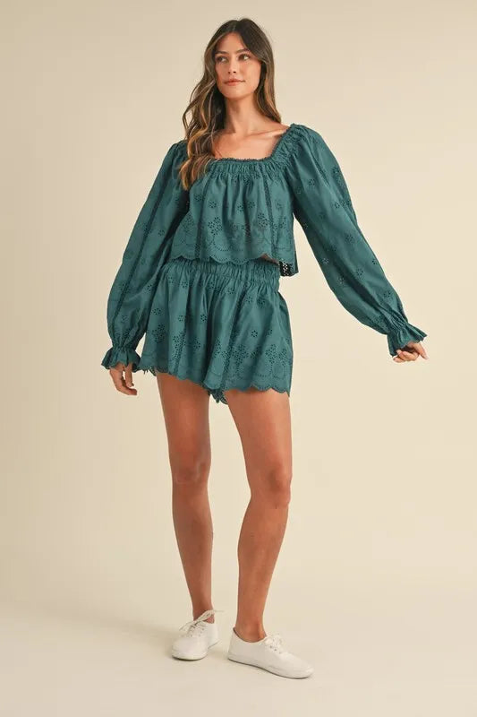 MABLE Outfit Set Embroidered Lace Teal Green Scalloped Long Sleeve Top and Short 4954e3eb99624193a09232e3b5b75673-Max-Origin Trendsi
