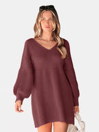 Sweater Mini Dress Perfee V-Neck Knit Long Balloon Sleeve 4957b244-4041-4542-b6cc-7bebf773036c-Max Trendsi