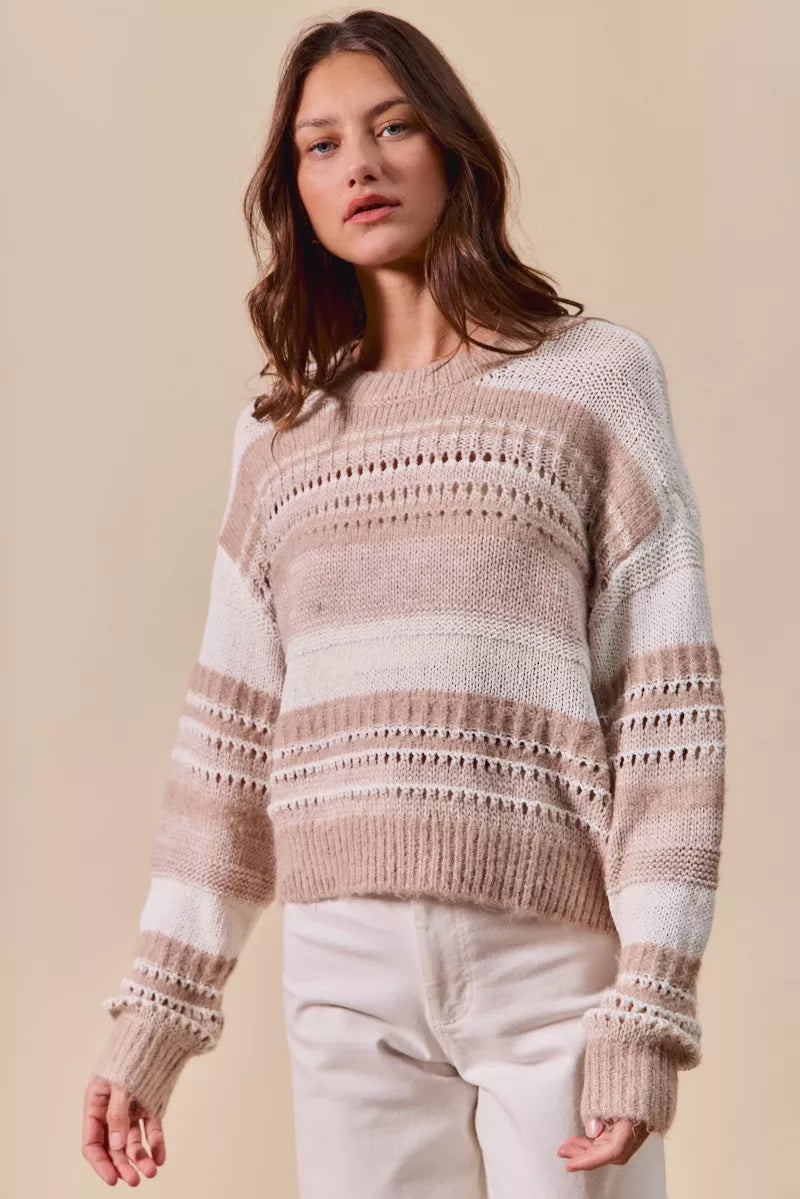 SO ME Womens Sweater Taupe Variegated Stripe Openwor Textured Loose Fit 495e24b7bb9b44f2be1945ee8178295c-Max-Origin Trendsi