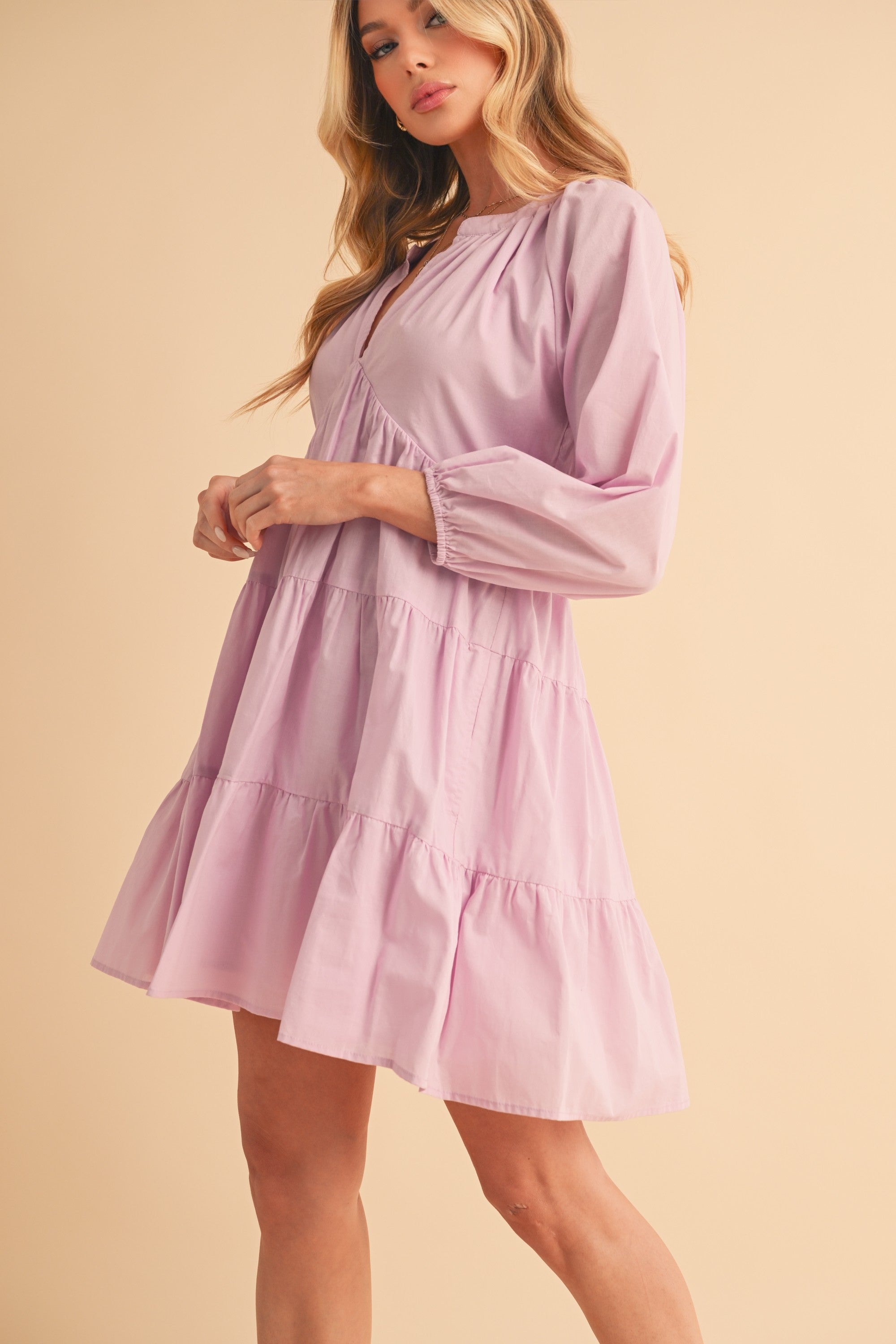 Aemi + Co Mini Dress Cotton Notched Balloon 3/4 Sleeve Lilac Ruffle Tiered 4963746d-bf35-4ab4-97da-8221fe72ed97-Max Trendsi