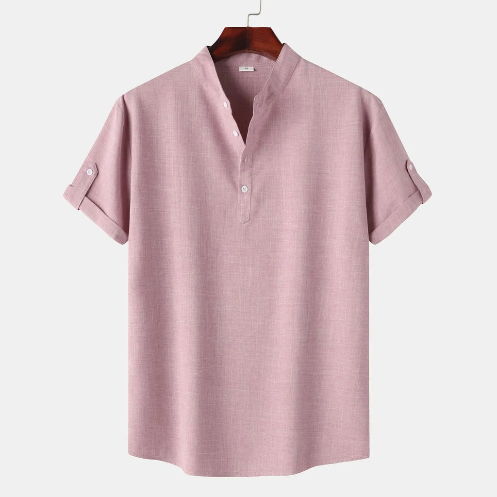 Men's Cotton Shirt Pink Button Detail Short Sleeve Blouse Top Pink 4964b9f4f182471f800a72f48c3ab41e-Max-Origin Trendsi