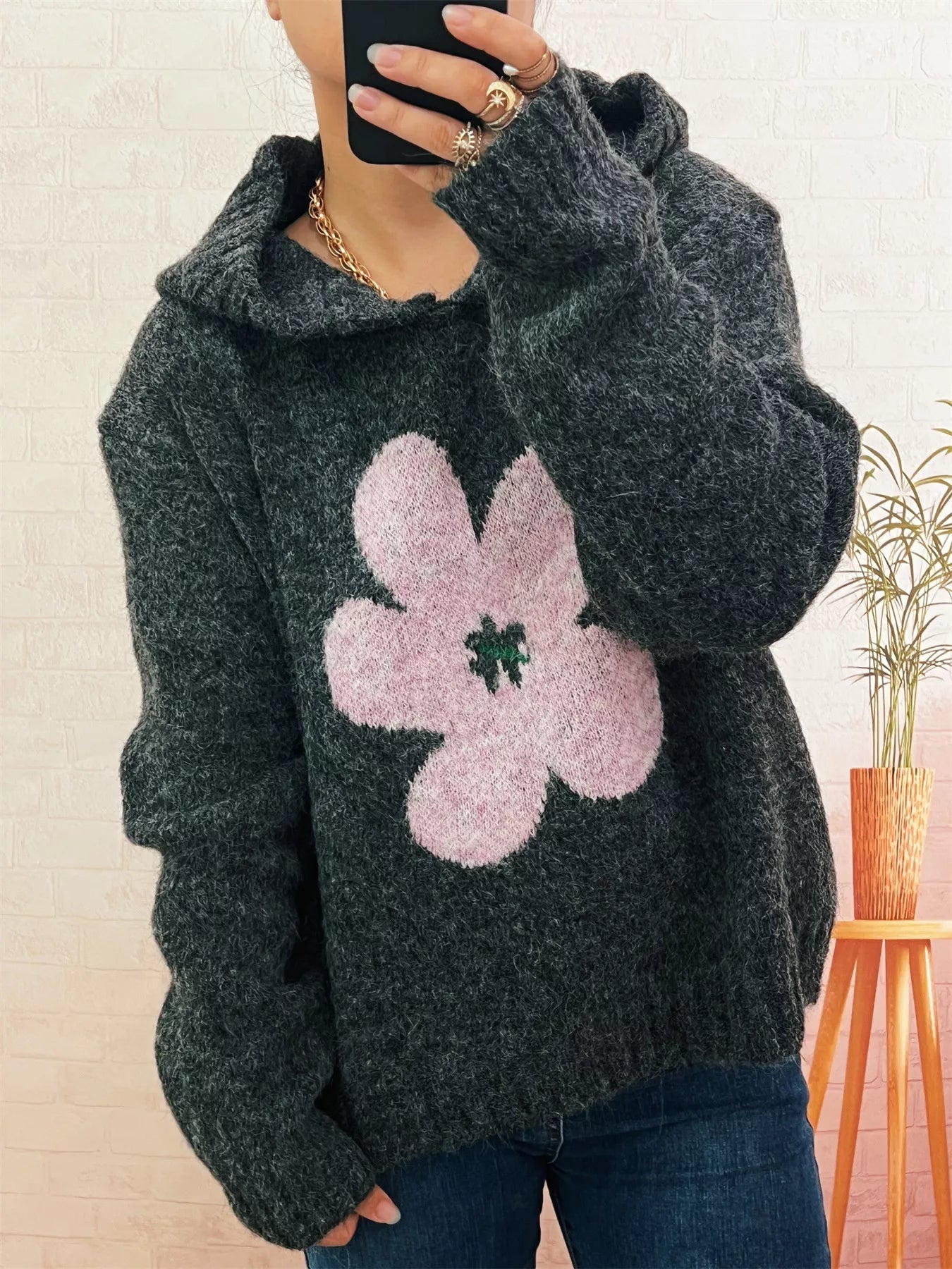Women's Sweater Flower Long Sleeve Hooded Knit Pullover 496d46ab9dce4e11afa5c2562080742f-Max-Origin Trendsi