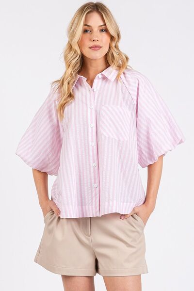 Mittoshop Shirt Striped Pink Puff Short Sleeve Button Down Top with Pocket Pink 4970ceac-4bd5-4f36-b732-9eaffbe3a23c-Min Trendsi