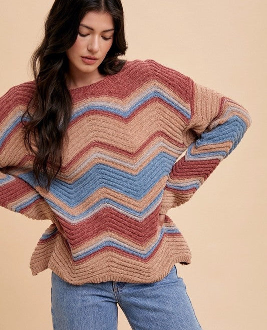 Women's Sweater Annie Wear Rose Multi Color Zig-Zag Round Neck Long Sleeve 49875cb4-6b7d-49b8-b6bb-053124468774-Max Trendsi