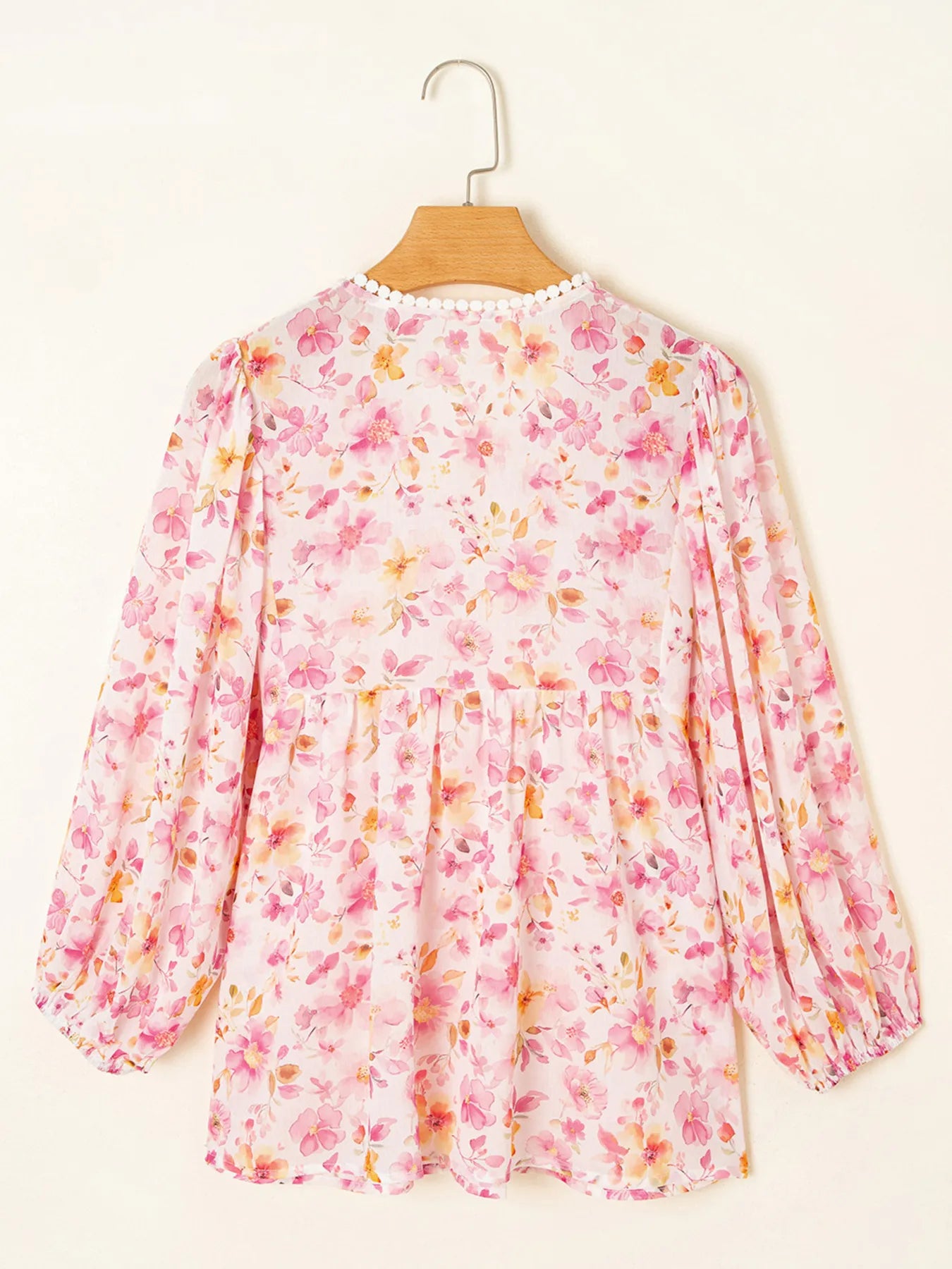 Women's Blouse Pink Floral Print Tassel Tie Smocked Puff Sleeve Smocked Top 499744d9ee45477397192ef0c1e8cccd-Max-Origin Trendsi