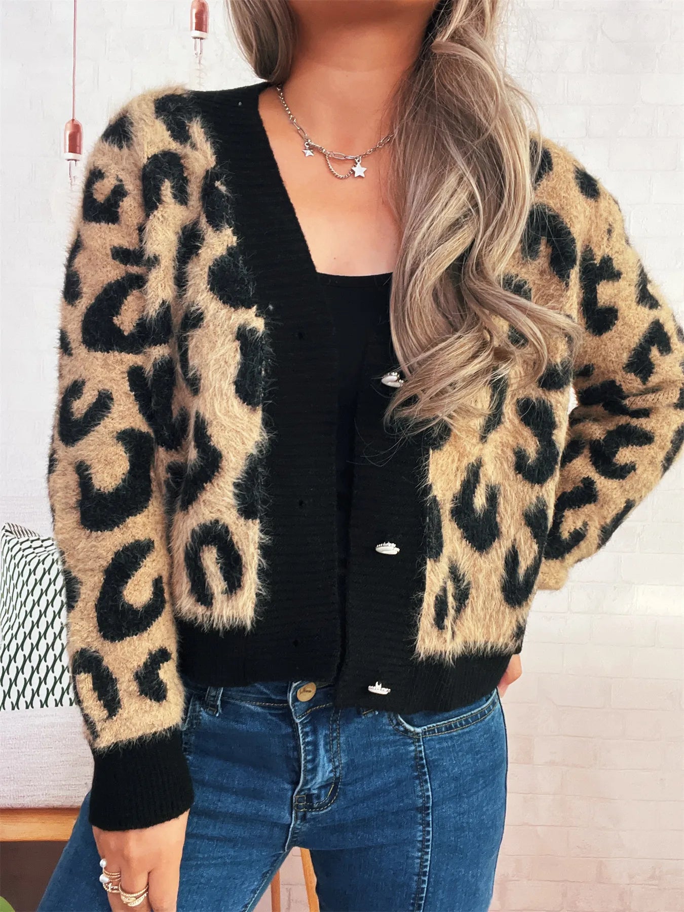 Women's Cardigan Leopard Fuzzy Button Up Long Sleeve 49a695c90bec481db12eb55922ad6880-Max-Origin Trendsi
