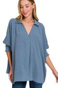 Zenana Top Collared Dusty Blue Airflow with Smocked Sleeve Band Blouse DUSTY BLUE 49ad1583-ec68-4515-8a4f-8223c9b25461-Max-Origin Trendsi