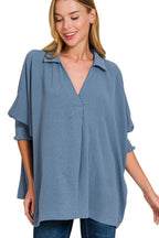 Zenana Top Collared Dusty Blue Airflow with Smocked Sleeve Band Blouse DUSTY BLUE 49ad1583-ec68-4515-8a4f-8223c9b25461-Max-Origin Trendsi