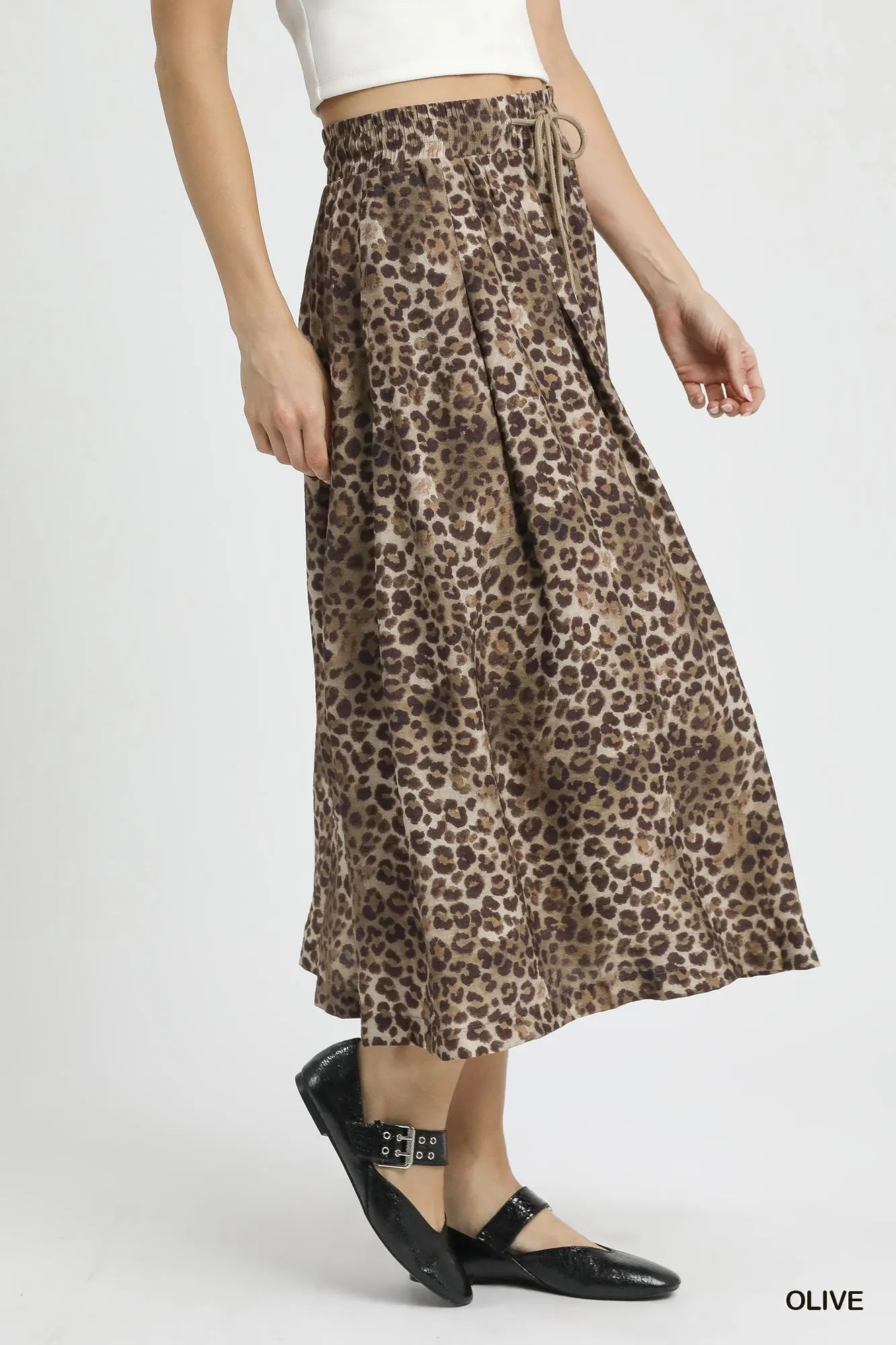 Umgee Midi Skirt Leopard Olive Print Drawstring High Waisted Ruffled 49ba4916-53af-4bdd-9a1d-f1bbfc4dae28-Max-Origin Trendsi