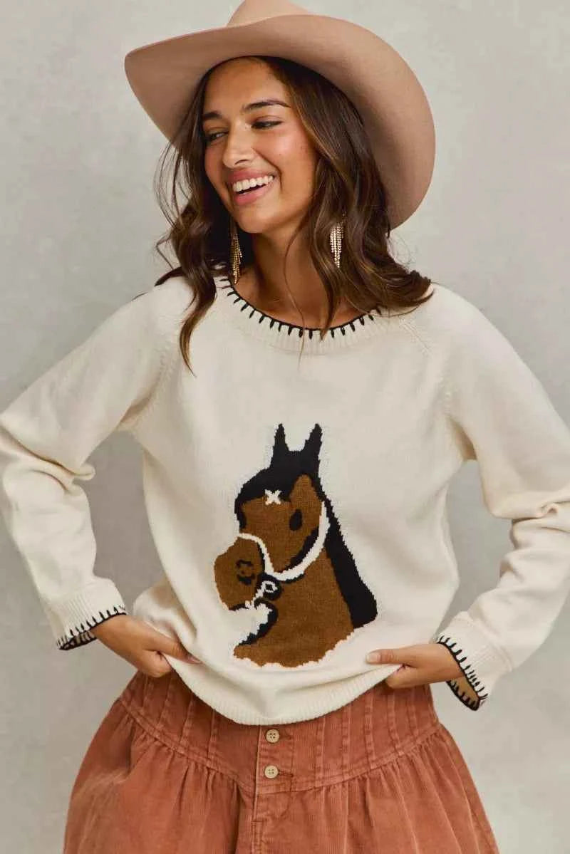 SO ME Horse Sweater Top Ivory Knit with Blanket Stitch Long Sleeve IVORY 49c0b08335ce40d8b1dd83627e4e5988-Max-Origin Trendsi