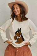 SO ME Horse Sweater Top Ivory Knit with Blanket Stitch Long Sleeve IVORY 49c0b08335ce40d8b1dd83627e4e5988-Max-Origin Trendsi