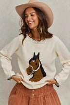 SO ME Horse Sweater Top Ivory Knit with Blanket Stitch Long Sleeve IVORY 49c0b08335ce40d8b1dd83627e4e5988-Max-Origin Trendsi