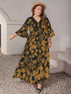 Plus Size Tropical Print Maxi Dress with Lace Details and Three-Quarter Sleeves
