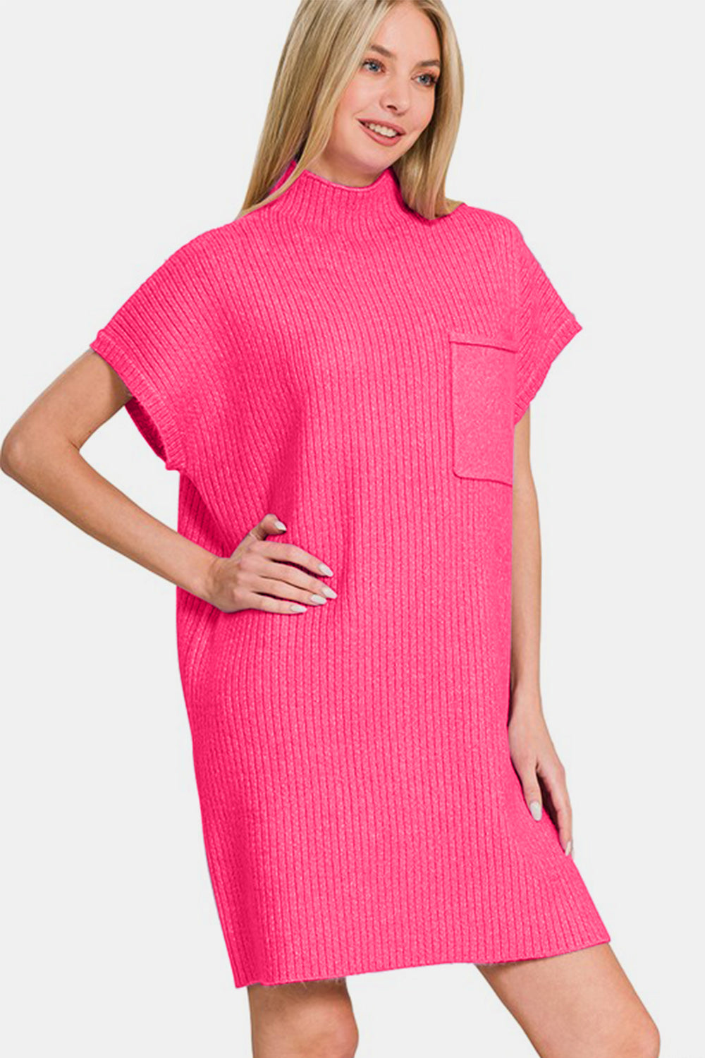 Zenana Sweater Mini Dress Knit Short Sleeve Hot Pink High Neck Patch Pocket