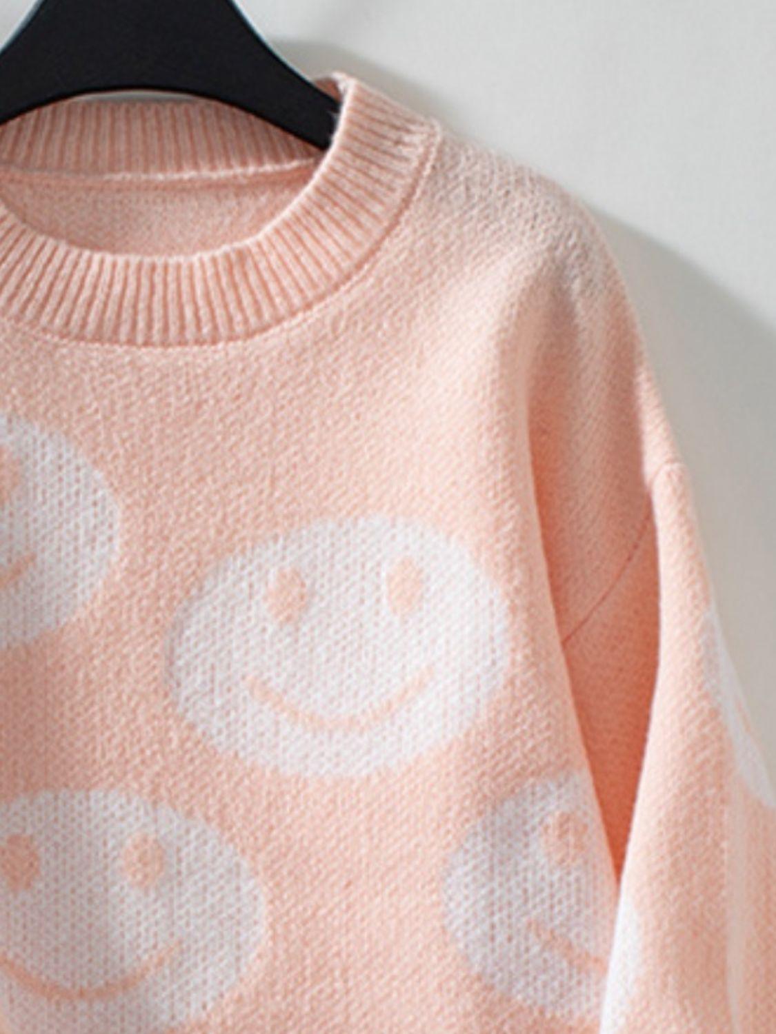 Sweater Smile Pattern Round Neck Long Sleeve Knitwear 49d4085c-b46f-4fdd-8c44-1fea6214b02a-Max Trendsi