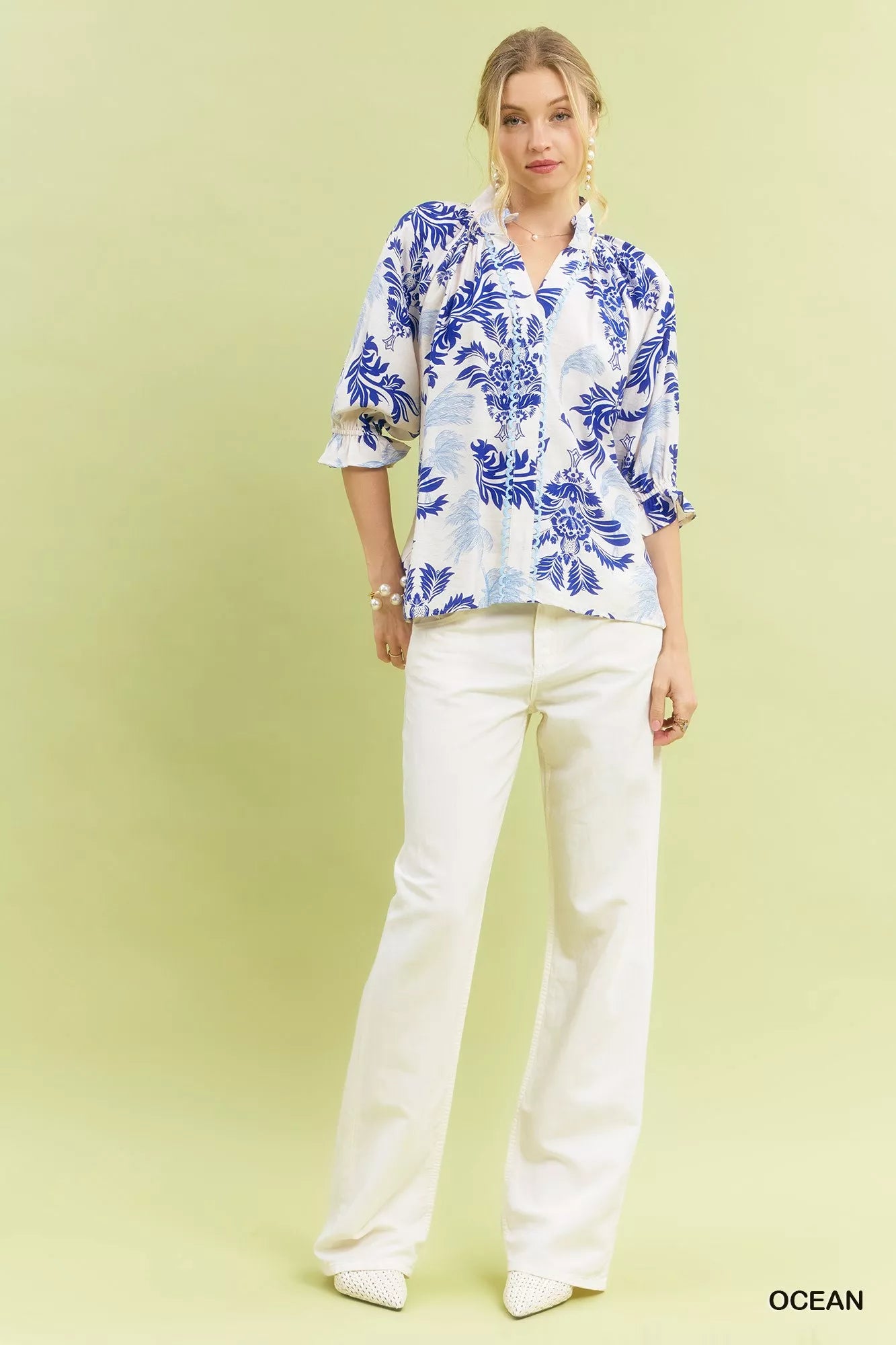 Umgee Womens Blouse Ocena Leafy Damask Print Top Contrast Scalloped Trim 49d4bb18-f8ff-4f75-8832-0e2159848527-Max-Origin Trendsi