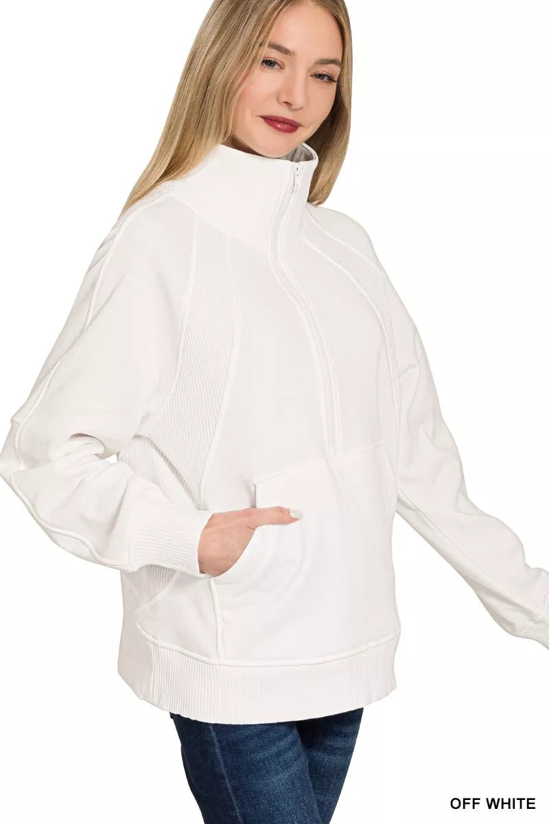 Zenana Half Zip Fleece Sweatshirt with Kangaroo Pocket