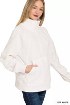 Zenana Womens Fleece Sweatshirt Off White Half Zip with kangaroo Pocket Top 49d5367353204207b030315d88ce90d0-Max-Origin Trendsi