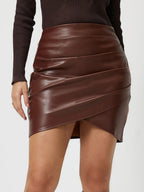 Leather Mini Skirt Ruched Asymmetrical Hem Back Zipper 49dafd61-c75b-4dde-a3a1-fb94e6d53f63-Max Trendsi